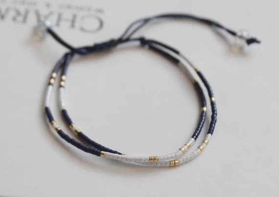 Double Strand Miyuki Seed Bead Bracelet, Navy White Gold Accents, Layered Jewelry