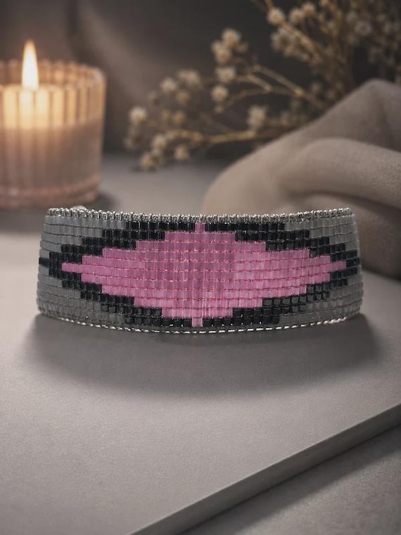Pink Miyuki Bead Bracelet, Adjustable Gunmetal Gray Seed Bead Jewelry