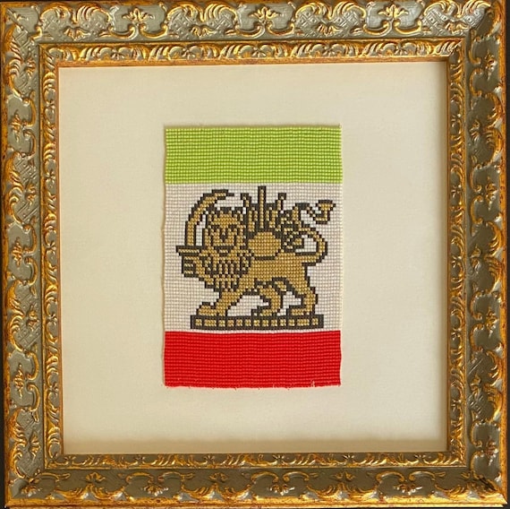Lion and Sun Persian Flag Beaded Artwork, Handmade Miyuki Bead Wall Decor
