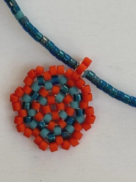 Orange Blue Miyuki Bead Choker, Floral Seed Bead Pendant Necklace, Colorful Boho Jewelry