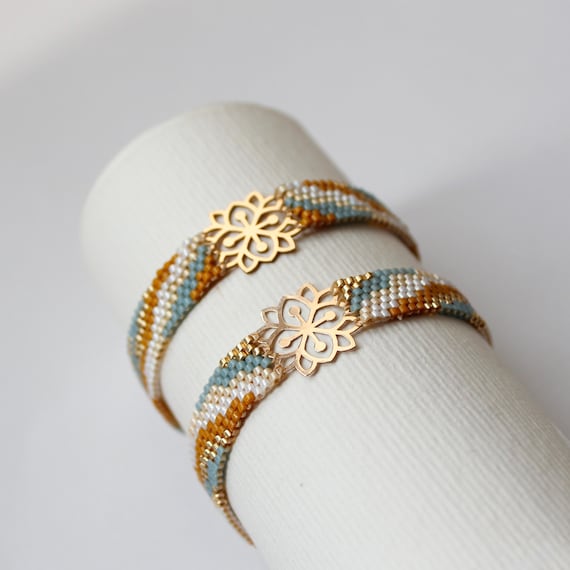 Miyuki Beaded Flower Bracelet with 18K Solid Gold Charm