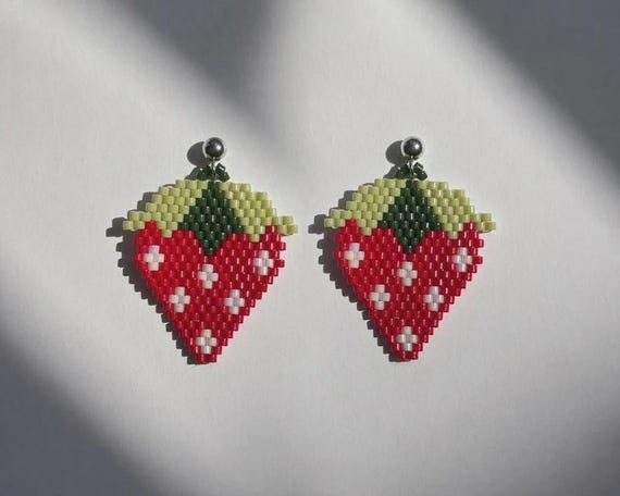 Strawberry Miyuki Seed Bead Drop Earrings, Spring Summer Fruit Jewelry