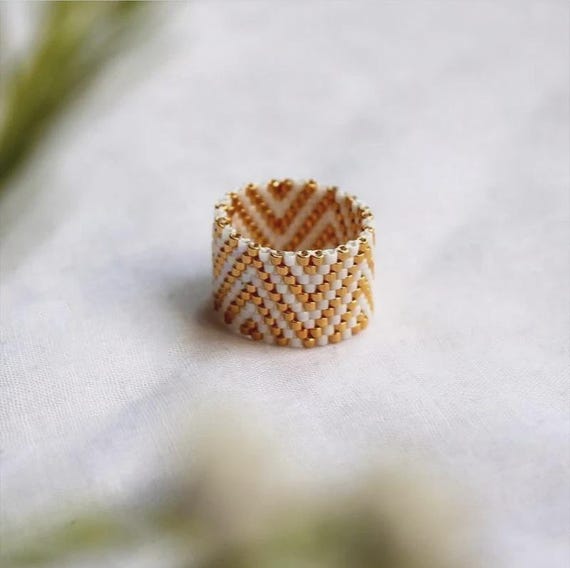 White Gold-Tone Miyuki Bead Ring, Wide Chevron Band, Geometric Statement