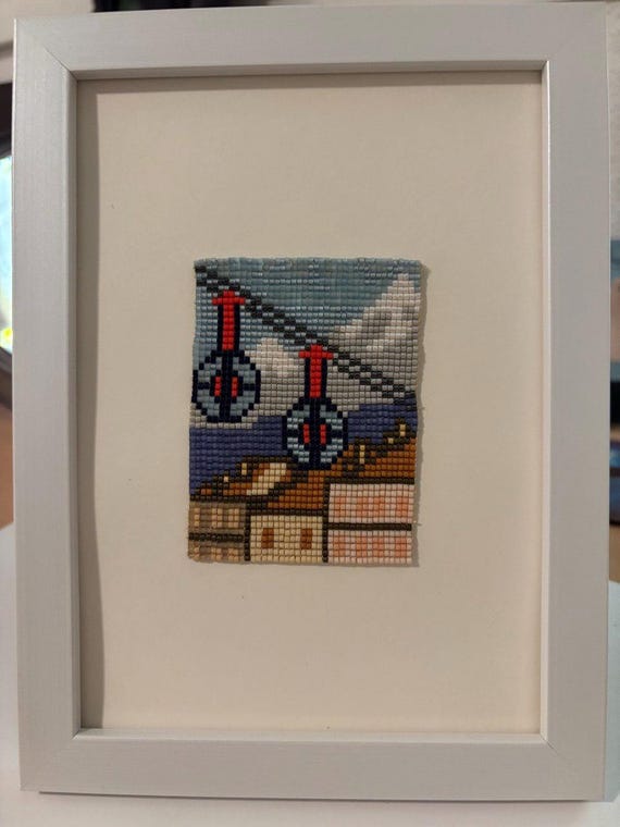 Handmade Grenoble Cable Car Bead Art, French Alps Cityscape Wall Decor