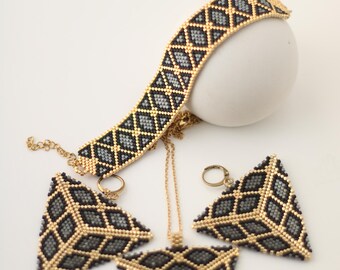 Geometric Miyuki Beaded Jewelry Set, Necklace Earrings Bracelet, Gold-Tone Stainless Steel