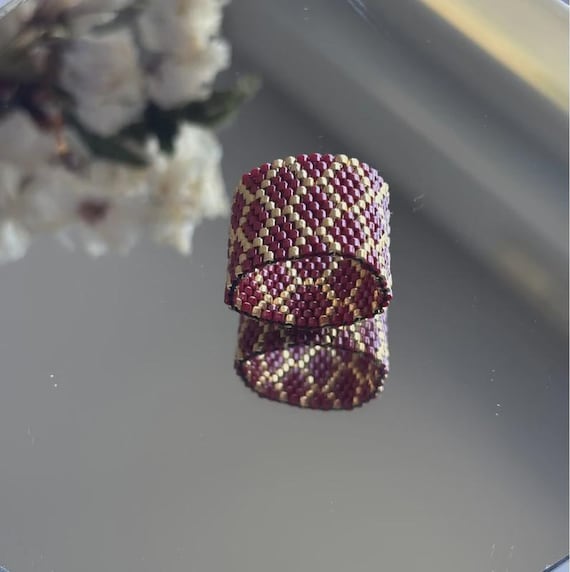 Burgundy Gold Geometric Miyuki Bead Wide Band Ring