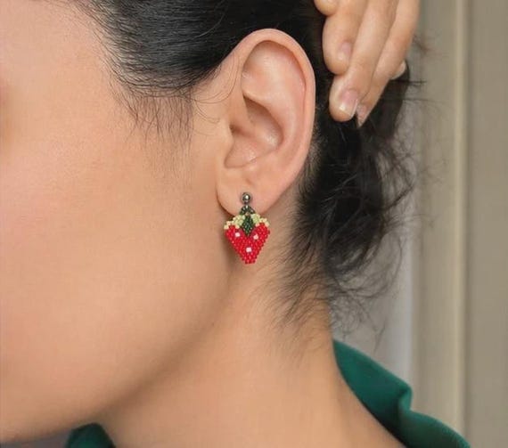 Tiny Strawberry Miyuki Bead Earrings, Petite Fruit Stud Drops