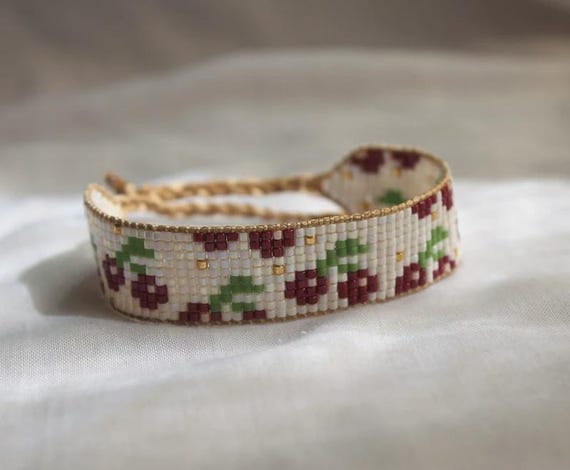 Cherry Miyuki Seed Bead Bracelet, Adjustable Fruit Jewelry, Red Green Ivory Tones