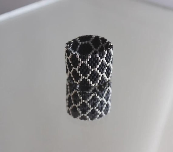 Miyuki Geometric Bead Ring, Matte Black Silver Band, Minimalist Statement Jewelry