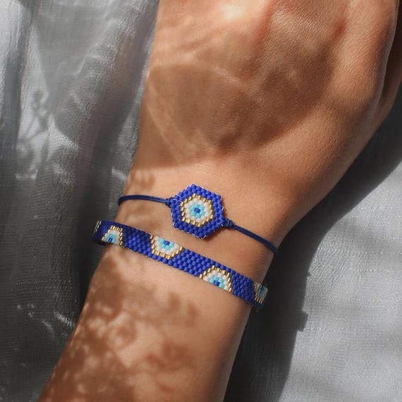 Blue Set Evil Eye Miyuki Bead Bracelet, Adjustable Cord, Dainty Symbolic Jewelry