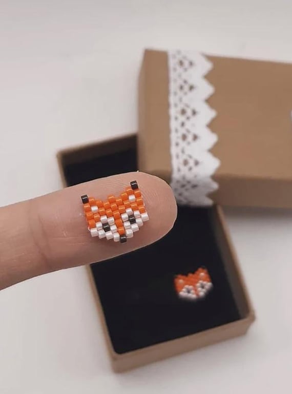 Cat and Fox Seed Bead Stud Earrings Set, Tiny Animal Beaded Jewelry