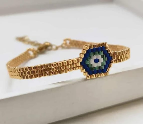 Gold-Tone Miyuki Bead Bracelet, Blue Evil Eye Protection Jewelry