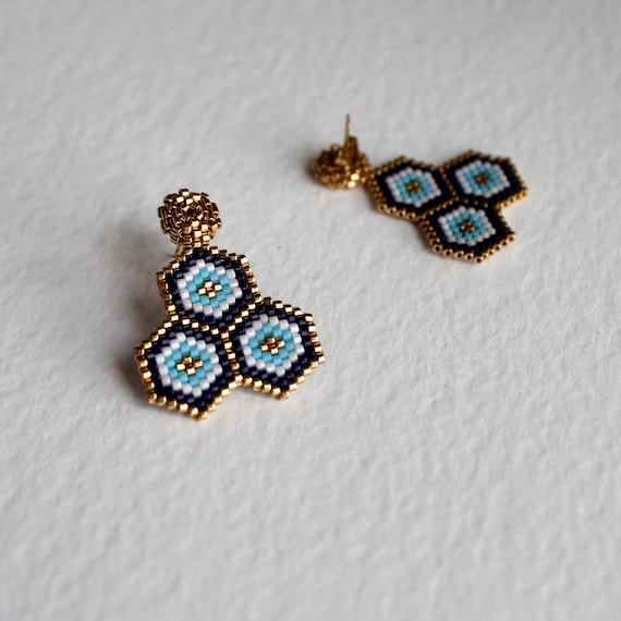 Handmade Evil Eye Beaded Earrings – Miyuki Delica, Gold & Blue