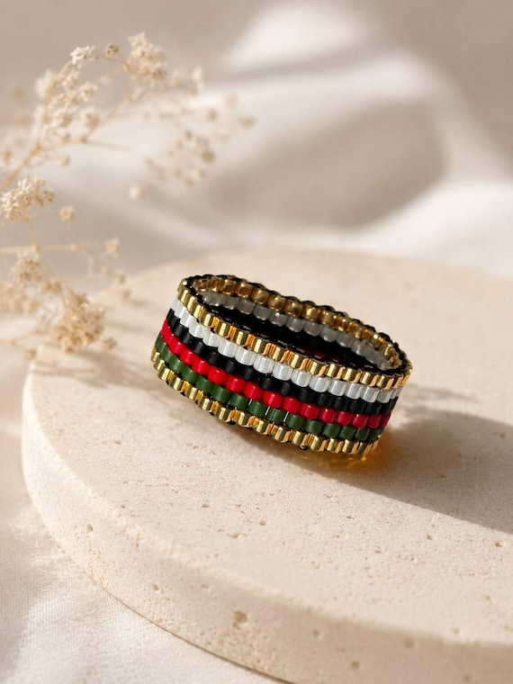 Miyuki Delica Beaded Ring, Red Green Black White Gold Statement Jewelry