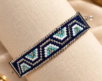 Marineblaues geometrisches Miyuki-Armband mit verstellbarer Schiebekette