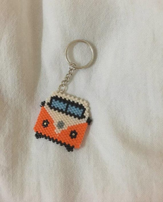 Camper Van Miyuki Bead Keychain, Orange Travel Seed Bead Bag Charm