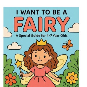 Puede incluir: Portada de libro infantil con el título "I WANT TO BE A FAIRY" en letras naranjas. La portada presenta un hada de dibujos animados con una corona, sosteniendo una varita de estrella y vistiendo un vestido rosa. El fondo es azul con nubes, flores y una mariposa.
