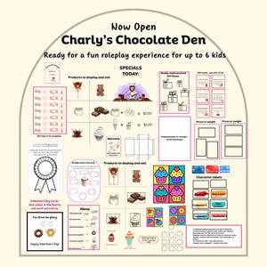 Puede incluir: Un juego de rol para niños con temática de tienda de chocolates. Incluye ilustraciones de chocolates, cupcakes y cajas de regalo, con el texto "Charly's Chocolate Den" y "Especiales de hoy".