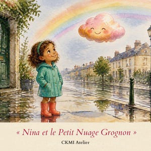 May include: A watercolour illustration depicts a child in a teal coat and red boots standing on a wet street, looking up at a smiling pink cloud and a rainbow. The text reads Nina et le Petit Nuage Grognon and CKMI Atelier.