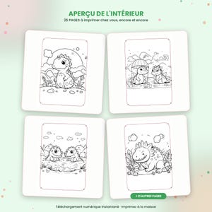 Puede incluir: Un conjunto de libro para colorear digital con 25 p&aacute;ginas imprimibles que muestran ilustraciones de l&iacute;neas en blanco y negro de dinosaurios de dibujos animados en varios entornos, con el texto APER&Ccedil;U DE L'INT&Eacute;RIEUR y 21 AUTRES PAGES.