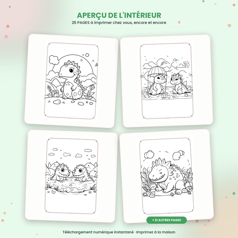 Puede incluir: Un conjunto de libro para colorear digital con 25 p&aacute;ginas imprimibles que muestran ilustraciones de l&iacute;neas en blanco y negro de dinosaurios de dibujos animados en varios entornos, con el texto APER&Ccedil;U DE L'INT&Eacute;RIEUR y 21 AUTRES PAGES.