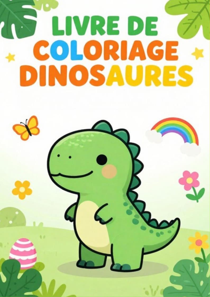 Puede incluir: Una portada de libro para colorear titulada LIVRE DE COLORIAGE DINOSAURES con un dinosaurio verde de dibujos animados, una mariposa amarilla, un arco&iacute;ris, flores rosas y amarillas, y un huevo de Pascua a rayas rosas y blancas.