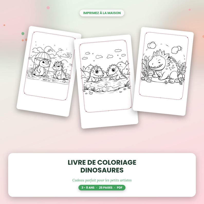 Puede incluir: Tres p&aacute;ginas rectangulares para colorear con dibujos lineales en blanco y negro de dinosaurios de dibujos animados en varios entornos. El texto IMPRIMEZ &Agrave; LA MAISON, LIVRE DE COLORIAGE DINOSAURES, 3 - 8 ANS, 25 PAGES y PDF es visible.