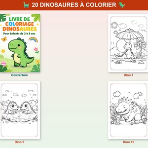Puede incluir: Un libro para colorear titulado 20 DINOSAURES &Agrave; COLORIER con un dinosaurio de dibujos animados verde en la portada. El libro incluye p&aacute;ginas de arte lineal en blanco y negro que muestran dinosaurios en varios entornos, incluso bajo una sombrilla.
