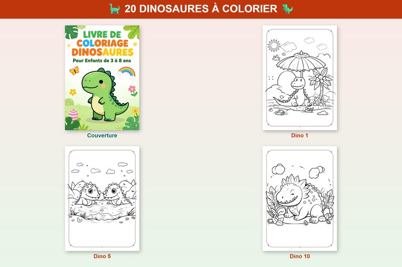 Puede incluir: Un libro para colorear titulado 20 DINOSAURES &Agrave; COLORIER con un dinosaurio de dibujos animados verde en la portada. El libro incluye p&aacute;ginas de arte lineal en blanco y negro que muestran dinosaurios en varios entornos, incluso bajo una sombrilla.