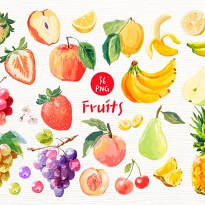 Fruits Clipart Acrylic Set Apple Strawberry Banana Lemon Pear Grape Pineapple Cherry Peach PNG