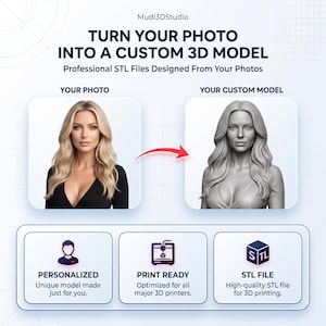 May include: A digital graphic titled Mudi3DStudio showing a transformation from a color photograph of a person with long blonde hair to a grey 3D model. Text reads: TURN YOUR PHOTO INTO A CUSTOM 3D MODEL, Professional STL Files, and print ready.