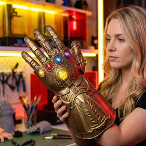 May include: A metallic gold-coloured gauntlet featuring six embedded stones in various colours including yellow, red, blue, purple, and green. The gauntlet has intricate mechanical detailing across the fingers, knuckles, and forearm plating.