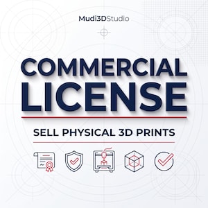 May include: A digital graphic titled Mudi3DStudio Commercial License, featuring the text Commercial License and Sell Physical 3D Prints in dark blue. Below the text are five icons: a document, a shield with a check, a 3D printer, a cube, and a checkmark.