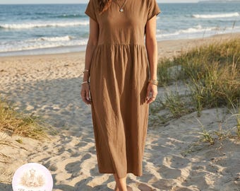 Boho Cotton Linen Maxi Dress - Short Sleeve Loose Summer Beach Dress With Pockets
