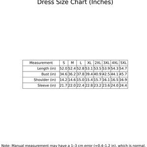 May include: A dress size chart in inches, with measurements for length, bust, shoulder, and sleeve. Sizes range from S to 5XL. The chart includes a note about potential measurement errors.