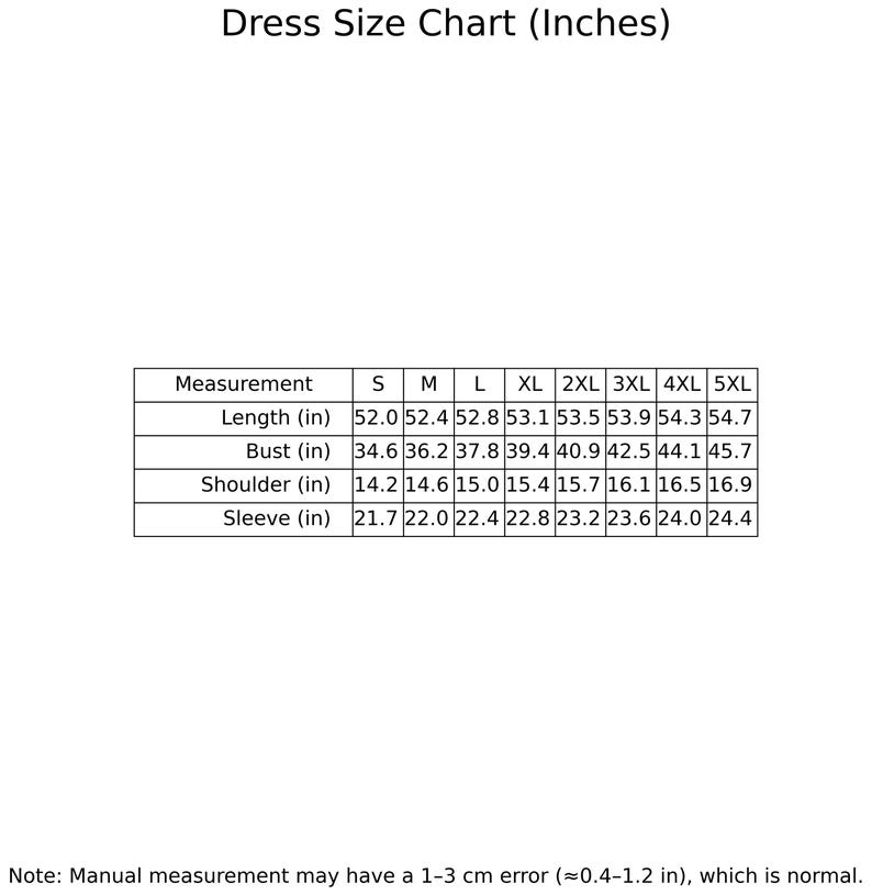 May include: A dress size chart in inches, with measurements for length, bust, shoulder, and sleeve. Sizes range from S to 5XL. The chart includes a note about potential measurement errors.