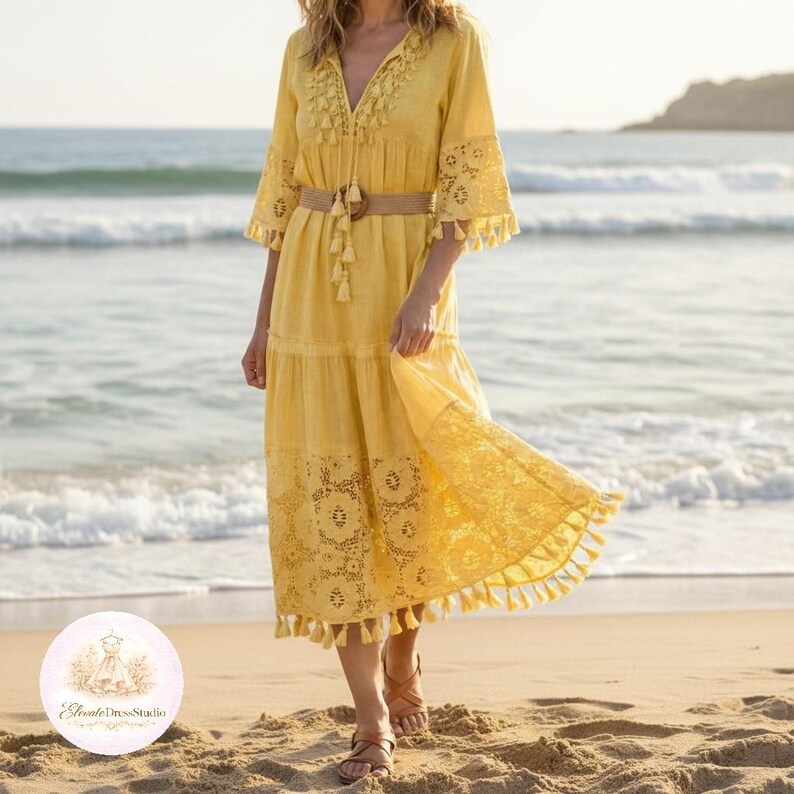 Boho midi dress women lace tassel beach dress flowy cottagecore summer dress
