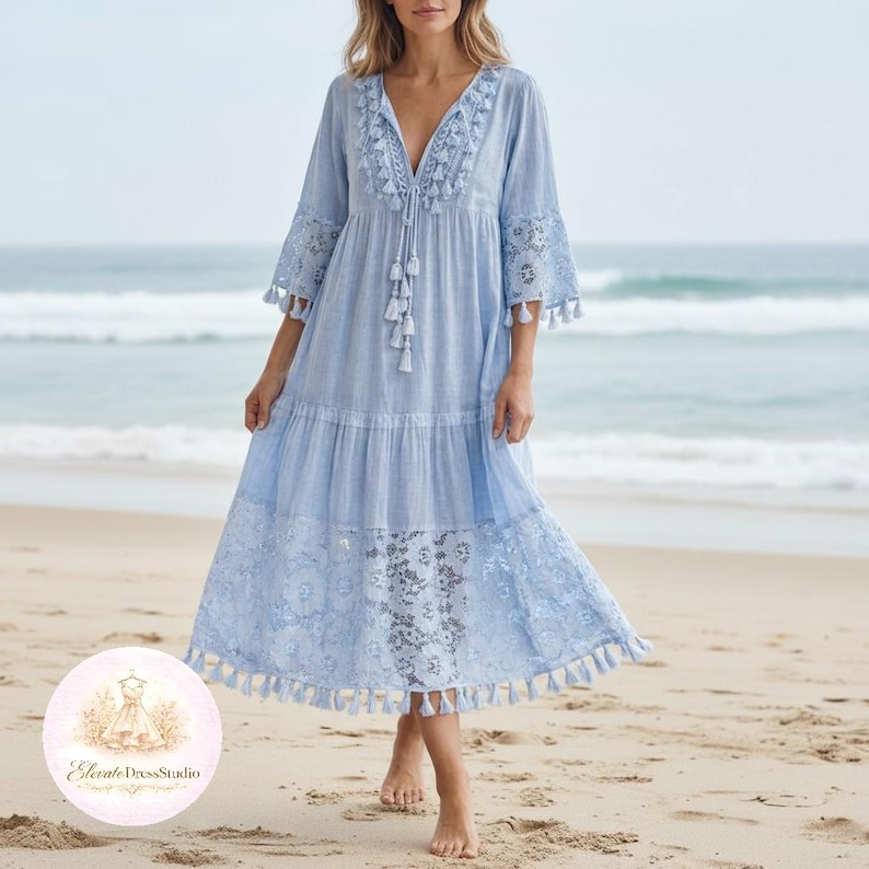 Light blue boho midi dress women flowy beach dress cottagecore summer dress