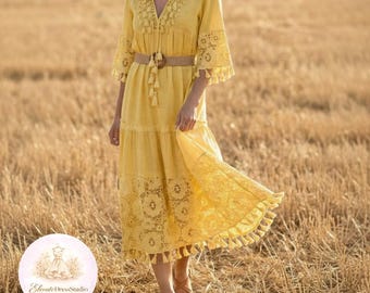Boho Midi Dress Women - Bohemian Lace Tassel Beach Dress, Flowy Cottagecore Summer Dress, Romantic Holiday Outfit