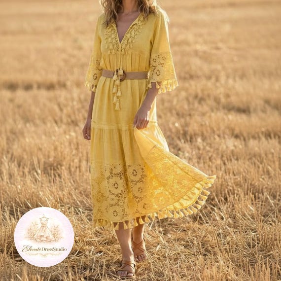Boho Midi Dress Women - Bohemian Lace Tassel Beach Dress, Flowy Cottagecore Summer Dress, Romantic Holiday Outfit