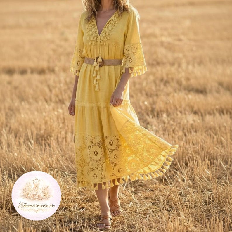 Bohemian midi dress women flowy cottagecore summer dress romantic holiday outfit