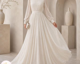 Modest Long Sleeve Pleated Chiffon Maxi Dress, High Neck Formal Evening Gown for Wedding Guest or Bridesmaid