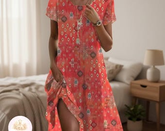 Boho Summer Dress for Women, Casual Loose Midi Dress, Short Sleeve Floral Sundress, Flowy Bohemian Vacation Dress
