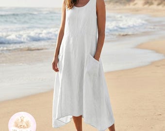 Cotton Linen Maxi Dress, Casual Summer Boho Sundress, Loose Beach Vacation Dress, Sleeveless Pocket Dress