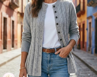 Women's Knit Cardigan - Soft Grey Button Sweater, Fall Winter Knitwear Outfit