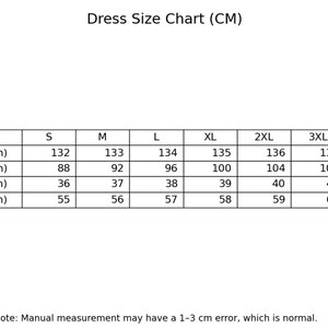 May include: Dress size chart in centimeters, with measurements for length, bust, shoulder, and sleeve. Sizes range from S to 5XL. The chart includes a note about a possible 1-3 cm measurement error.