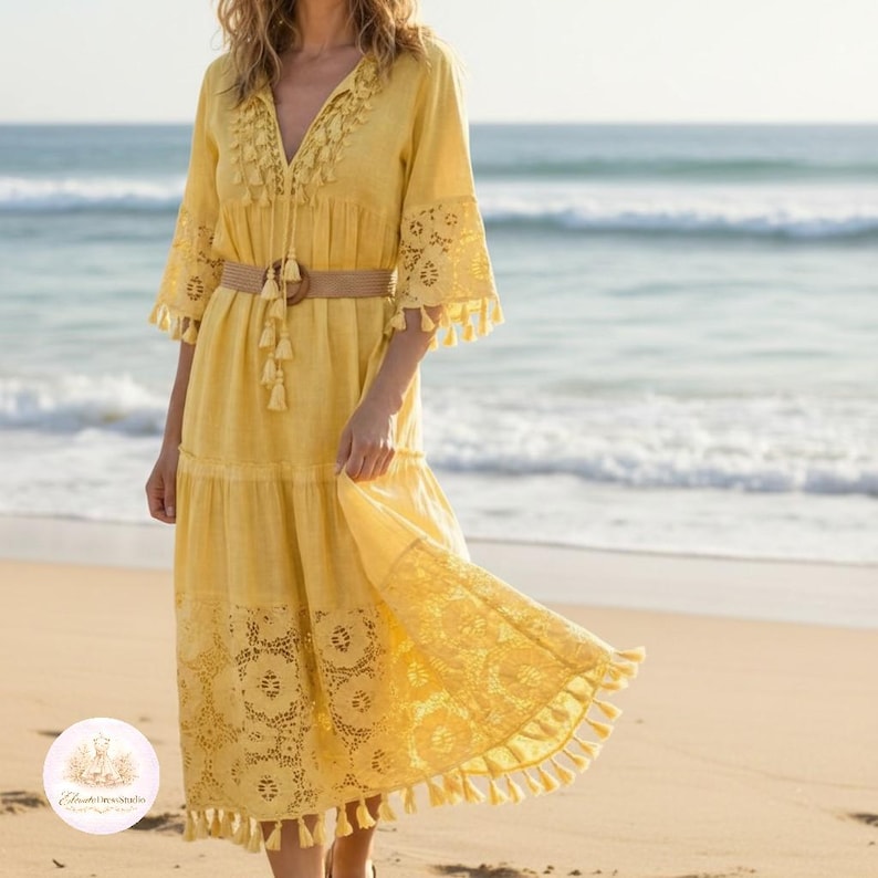 Yellow boho beach dress cotton midi dress with lace tassels summer vacation outfit