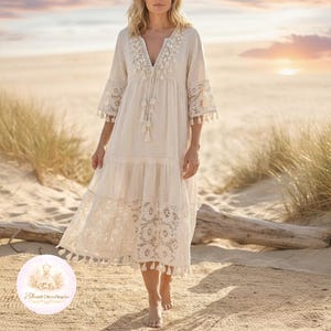 Boho beach midi dress women cottagecore dress romantic summer holiday outfit