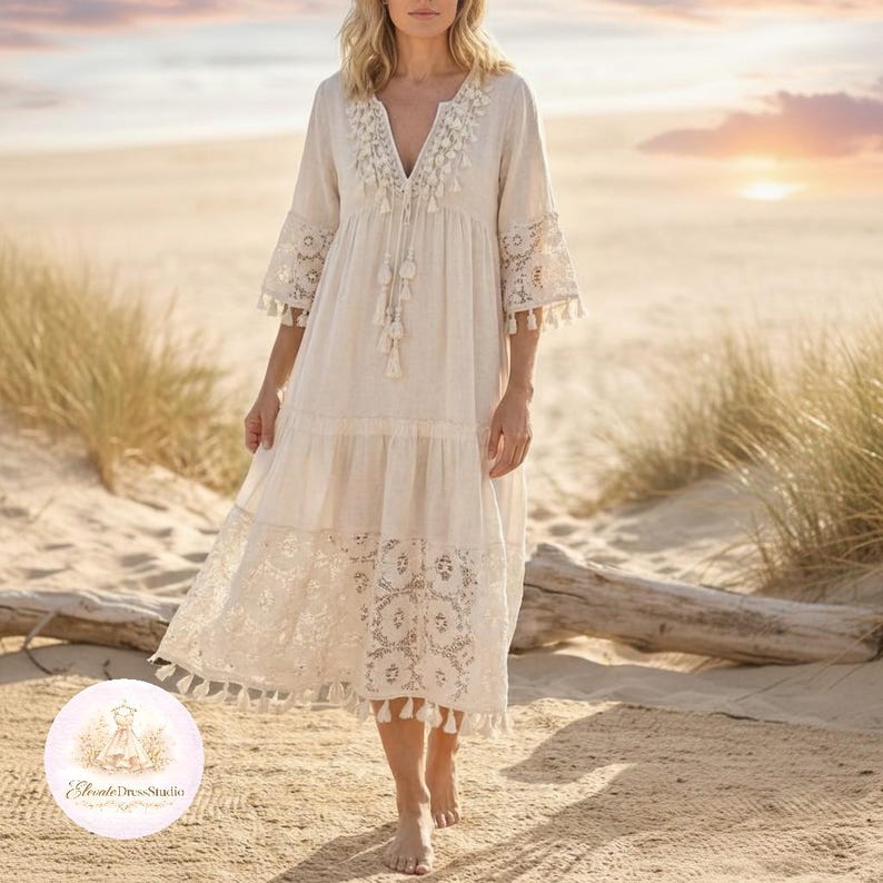 Boho beach midi dress women cottagecore dress romantic summer holiday outfit