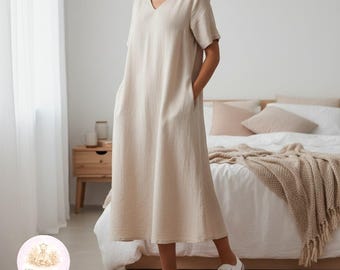 Cotton Linen V Neck Midi Dress with Pockets, Loose A Line Linen Dress, Casual Summer Midi Dress, Minimalist Lounge Dress